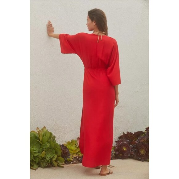 By Anthropologie Tie-Front Cover-Up Dress V Neck Red Long Slit Midi XXS - Picture 5 of 11